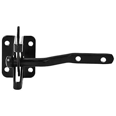 Tough As Nails Self Locking Gate Latch Automatic Fence Lever Heavy Duty Steel Rock Solid Yard Security No Sweat Setup For Inward Outward Swinging Wood Or Metal Gates Black, close-up view of black latch hardware.