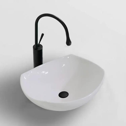 USZWBY Vessel Sinks Bathroom Vessel Sink Modern Simple Creative White Art Counter Basin Hotel Apartment Ceramic Wash Bathroom Bowl Sink with black faucet top view