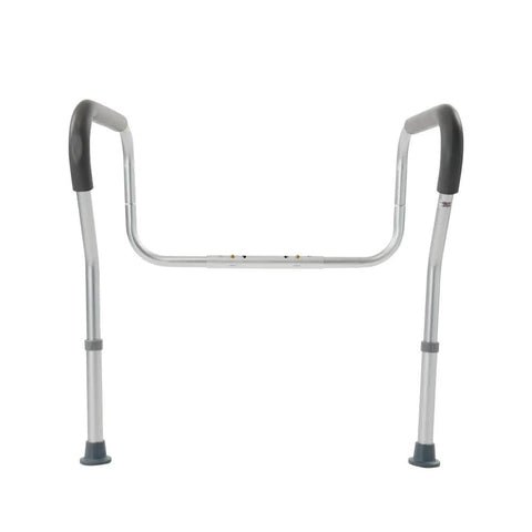 Solid Adjustable Toilet Safety Frame With Cushioned Padded Arms For Safe Stand Up Aid And Zero Sweat Installation Plus Heavy Duty 300 Lb Support That Gives You Peace Of Mind Day And Night in gray with padded arms.