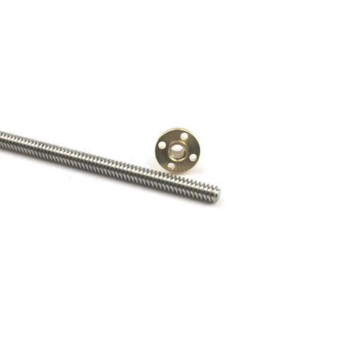 8mm T8 Lead Screw with 1mm Pitch and Brass Nut for 3D Printers, shown with trapezoidal stainless steel screw and nut