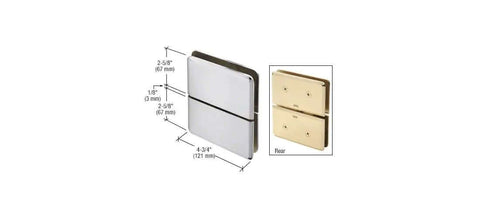 Senior Prima 02 Series Glass To Glass Mount Hinge In Polished Chrome with dimensions for half inch thick glass installation, front and rear view