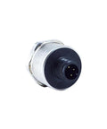 Industrial pressure transmitter in angled front view, stainless steel body with black 3-pin connector