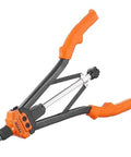 Rivet Nut Tool Kit 16 Inch With 13 Metric And SAE Mandrels, semi-auto de riveting tool with orange handles, front view.
