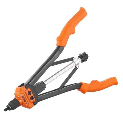 Rivet Nut Tool Kit 16 Inch With 13 Metric And SAE Mandrels, semi-auto de riveting tool with orange handles, front view.
