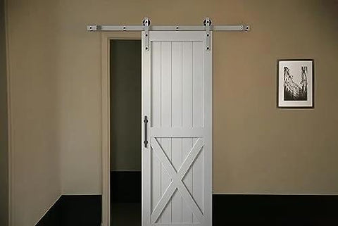 White barn door with Matte Black Barn Door Handle Set For Sliding Doors, Ultra Thin.02 Inch Backplate, mounted on wall track.