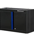Hella Tough Nine Piece Modular Garage Tool Storage System With Locking Cabinets Stainless Steel Workbench And Wall Pegboard Organizer For Your Ultimate Workshop Rig wall cabinet with black finish and blue accent.