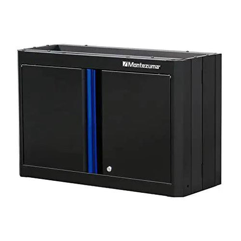Hella Tough Nine Piece Modular Garage Tool Storage System With Locking Cabinets Stainless Steel Workbench And Wall Pegboard Organizer For Your Ultimate Workshop Rig wall cabinet with black finish and blue accent.