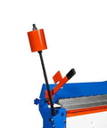 Close-up of 100 Inch Manual Sheet Metal Brake for 12 Gauge Steel Bending with adjustable fingers and beefy steel construction, Model PB10012.