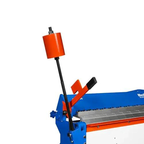 Close-up of 100 Inch Manual Sheet Metal Brake for 12 Gauge Steel Bending with adjustable fingers and beefy steel construction, Model PB10012.