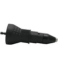 Heavy Duty Electric Rivet Gun Adapter for Cordless Drills with 4 Swappable Heads and Wrenches, black nozzle for rivet attachment.