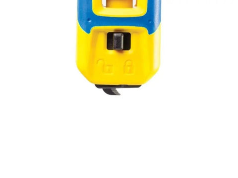 Close-up of yellow and blue 4-70 Cable Knife System for round cable stripping with 28mm and 35mm hooks, quick change system.