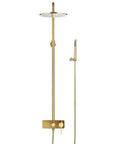 Top Shelf 10 Inch Wall Mounted Rain Shower System With Brushed Gold Drip Solid Brass Multifunction Faucet Set Including Handheld Sprayer And Tub Spout For Smooth Bathroom Flex, features rain showerhead and faucet.
