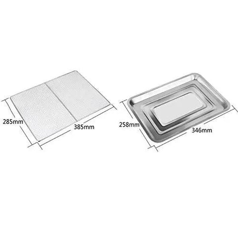 Two stainless steel trays with measurements, designed for Top Shelf Heavy Duty Ten Layer Stainless Steel Electric Food Dehydrator.