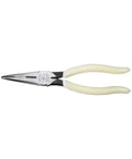 Glow In The Dark 8 Inch Long Nose Pliers With Hi Vis Grips For Reach And Leverage Heavy Duty Needle Nose Pliers For Tight Spaces Forged In USA From Custom Tool Steel shown.