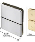 Senior Prima 02 Series Glass to Glass mount hinge in polished chrome, top and bottom mount design, dimensions shown, rear view displayed.