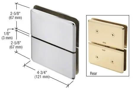 Senior Prima 02 Series Glass to Glass mount hinge in polished chrome, top and bottom mount design, dimensions shown, rear view displayed.