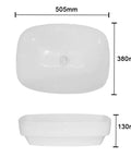 USZWBY Vessel Sinks Simple Square Rounded Corner Bathroom Ceramic Vessel Sink Large Size shown from above with dimensions 505mm x 380mm x 130mm.