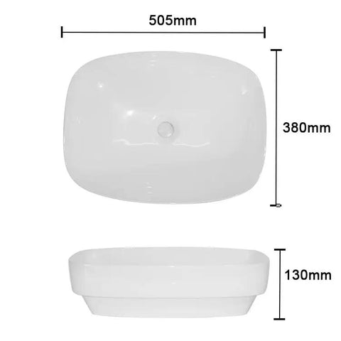 USZWBY Vessel Sinks Simple Square Rounded Corner Bathroom Ceramic Vessel Sink Large Size shown from above with dimensions 505mm x 380mm x 130mm.