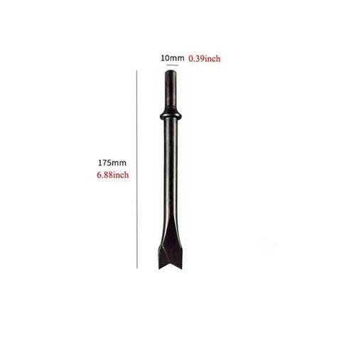 Five Piece Pneumatic Air Hammer Chisel Bit Set with 6.88 Inch Bits, 10mm Round Shank shown in side view with dimensions