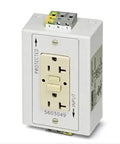 Premium GFCI Protected Din Rail Mounted Dual Power Outlet 120VAC 20 Amps Screw Terminal Heavy Duty Receptacle close-up view.