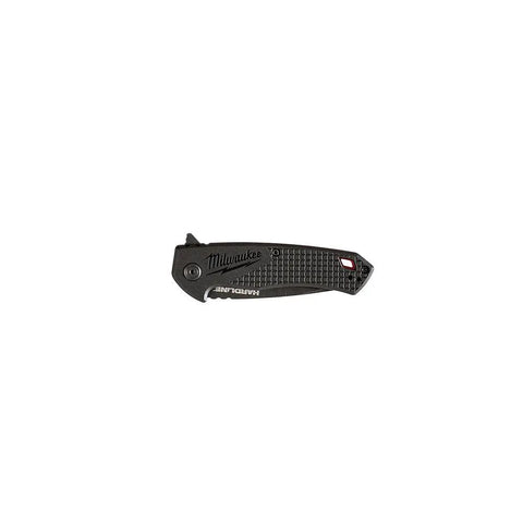 Dead Simple Pocket Knife With Smooth Slide Action And Heavy Duty Plastic Guard compact black handle shown from the side.