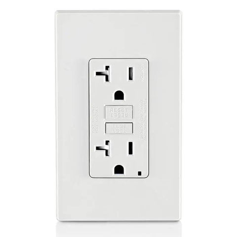 Killer Slim GFCI Weather And Tamper Resistant Outlet 20 Amp showing front view, designed for smooth operation and preventing nuisance tripping.
