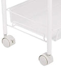 Close-up of wheels and lower shelf of 4 Tier Rolling Utility Storage Cart On Wheels In White Carbon Steel With Epoxy Coated Finish