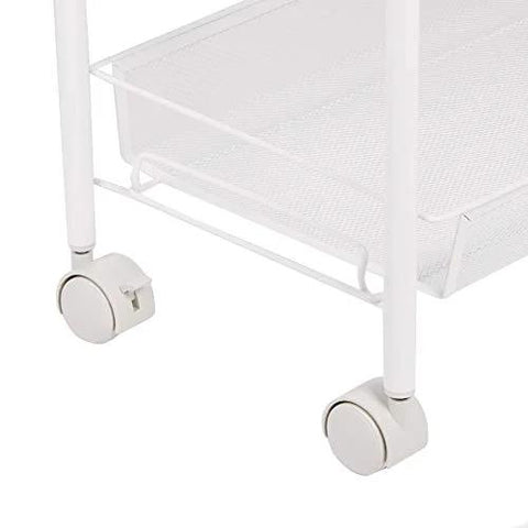 Close-up of wheels and lower shelf of 4 Tier Rolling Utility Storage Cart On Wheels In White Carbon Steel With Epoxy Coated Finish