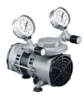 Cole-Parmer PTFE-coated vacuum pump front view with dual gauges and regulators on metal body