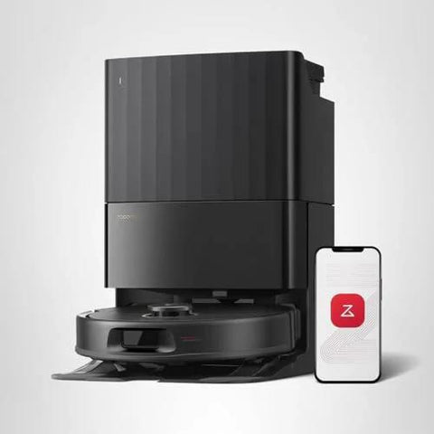 roborock Qrevo S5V robot vacuum and mop with black self-emptying dock; smartphone shown