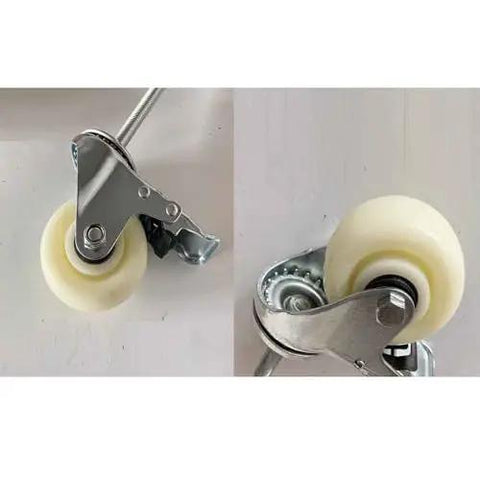 Smooth As Silk Rolling Caster Wheels Set Of 4 Heavy Duty Nylon Swivel Brakes With Stem For Furniture And Carts Easy Install No Hassle Setup That Will Get You Rollin Fast showing 4 heavy nylon swivel wheels with locking brakes.