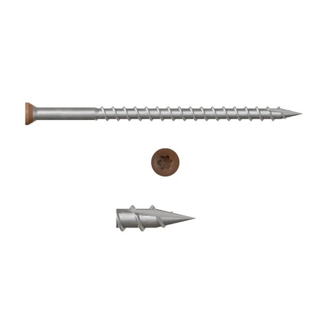 Dang Tough 305 Stainless Steel Cedar Decking Screws Featuring T15 Star Drive Trim Head with flush trim head and spiral grooves.