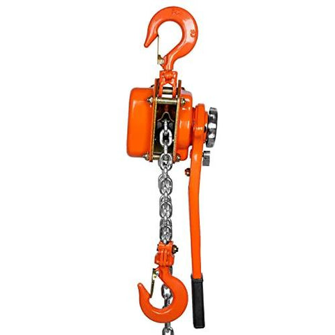 Manual lever chain hoist, 1-1/2 ton capacity, orange come-along with steel chain and hooks