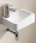 HAOCHRYSYPH Ceramic Wall Mount Bathroom Sink, Milk White, 14.18x10.24 in. with modern faucet and installation details