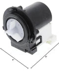 Front view of black plastic drain pump assembly with white impeller for washing machines.