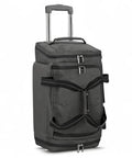 49L rolling travel duffle bag with wheels and telescoping handle, gray color, features separate shoe and laundry compartments, carry-on ready.