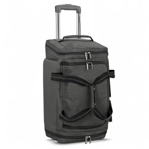 49L rolling travel duffle bag with wheels and telescoping handle, gray color, features separate shoe and laundry compartments, carry-on ready.