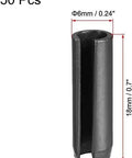 Slotted Spring Pin Set 6mm By 18mm Plain Finish 65Mn Steel, 50 Pack for small machine projects, side view showing dimensions