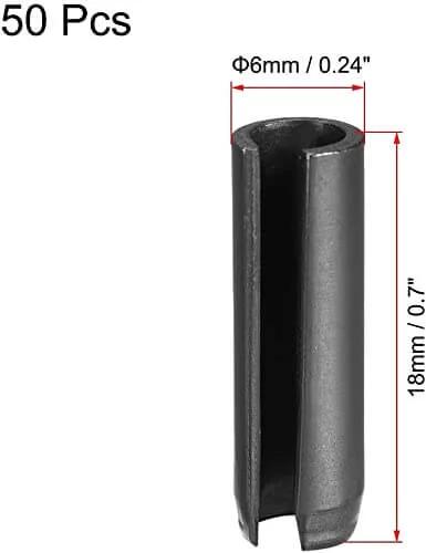 Slotted Spring Pin Set 6mm By 18mm Plain Finish 65Mn Steel, 50 Pack for small machine projects, side view showing dimensions