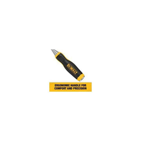Pro Grade 3 Piece Wood Chisel Set With Tempered Carbon Steel Blades Lacquered For Rust Resistance and comfy grips for smooth cuts, showcasing ergonomic handle.