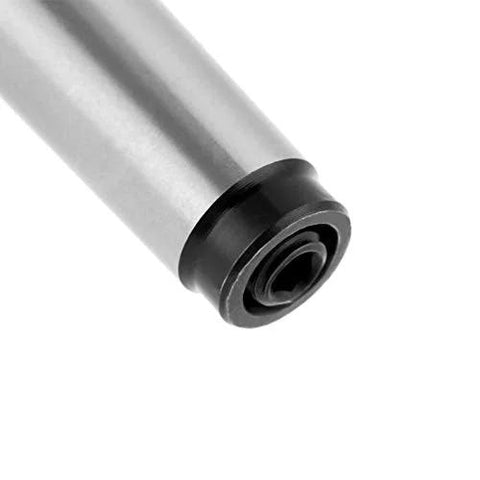 MT2 live center lathe tool, silver body with black end collar (close-up)