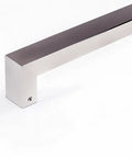 Sleek 48 Inch Single Sided Modern Stainless Steel Front Door Handle With A Slick Brushed Nickel Satin Finish For Exterior Push Pull Use On Wood Glass Metal Sliding Shower Or Barn Doors Serving As A Heavy Duty Smooth Operator That Really Levels Up Your, close up view of the end detail.