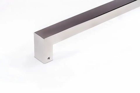 Sleek 48 Inch Single Sided Modern Stainless Steel Front Door Handle With A Slick Brushed Nickel Satin Finish For Exterior Push Pull Use On Wood Glass Metal Sliding Shower Or Barn Doors Serving As A Heavy Duty Smooth Operator That Really Levels Up Your, close up view of the end detail.