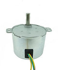 Front view of a silver gear motor with top shaft, side mounting tabs, and multicolor wires.