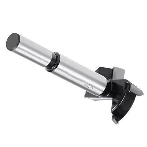 Woodworking hinge bore drill bit, 35mm tungsten carbide, silver with black mounting clamp, single piece.