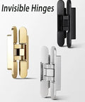 Adjustable 180 Degree Invisible Cross Hinge For Folding Doors Zero Gap Hidden Mechanism in gold, silver, and black finishes.