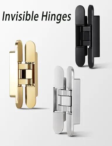Adjustable 180 Degree Invisible Cross Hinge For Folding Doors Zero Gap Hidden Mechanism in gold, silver, and black finishes.