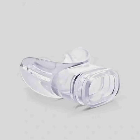 Clear silicone diving mouthpiece with tie strap, universal caliber fit shown. Part of Six Pack Silicone Diving Mouthpieces In Clear With Tie Strap And Universal Caliber Fit For Most Breathing Tubes Food Grade Safe Silicone Disinfection Vacuum Packed Easy To Clean And Reusable Accessory For Snorkel And Scuba Gear set.