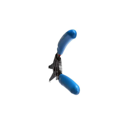 Built Tough Heavy Duty Wire Cutter And Stripper with blue handles, focus on coil spring, serrated nose visible, made in USA.