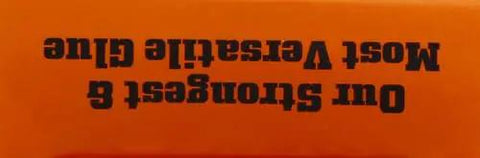 Heavy Duty Waterproof Polyurethane Wood Glue and Multi-Purpose Strong Adhesive that Bonds Wood Metal Stone Glass and More Like Crazy while Expanding to Fill Gaps in 2 Ounce Container label on orange background.